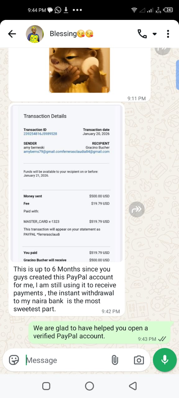 WhatsApp conversation showing successful PayPal transfer and thanks
