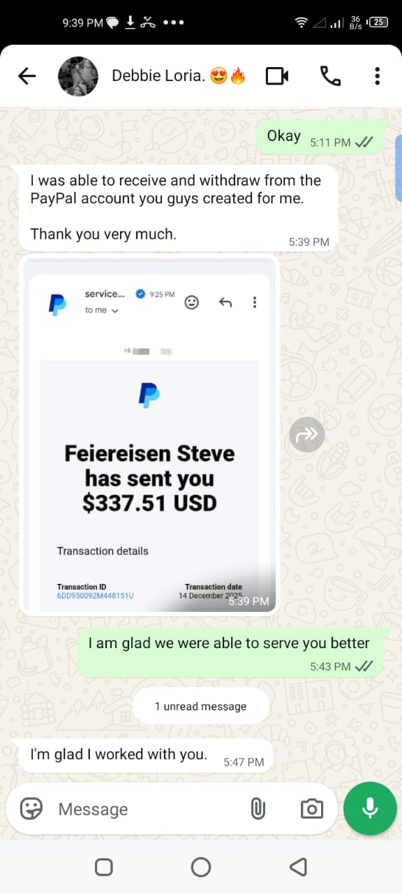 WhatsApp conversation showing successful PayPal transfer and thanks