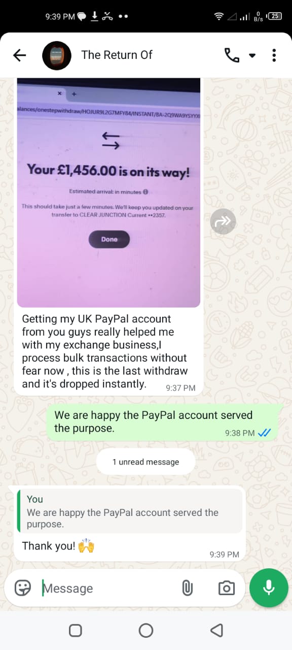 WhatsApp conversation showing successful PayPal transfer and thanks
