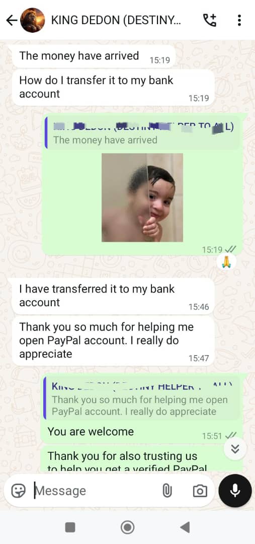 WhatsApp conversation showing successful PayPal transfer and thanks